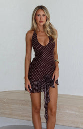 Coastal Sway Halter Mini Dress Chocolate Polka Dot
