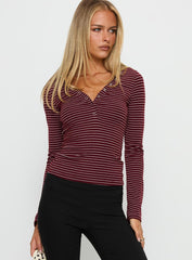 Georgeanna Button Up Long Sleeve Top Burgundy Stripe