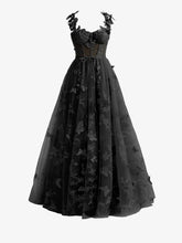 Black A-line Butterfly Lace Lilac Corset Prom Dress with Slit