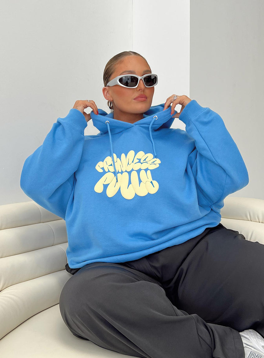 Princess Polly Hooded Sweatshirt Bubble Text Blue / Yellow Curve