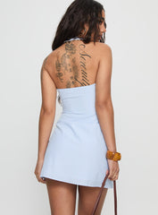 Kaiah Ruched Halter Mini Dress Blue Stripe