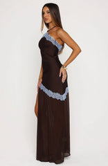 Perfect For You Halter Maxi Dress Dark Chocolate/Powder Blue